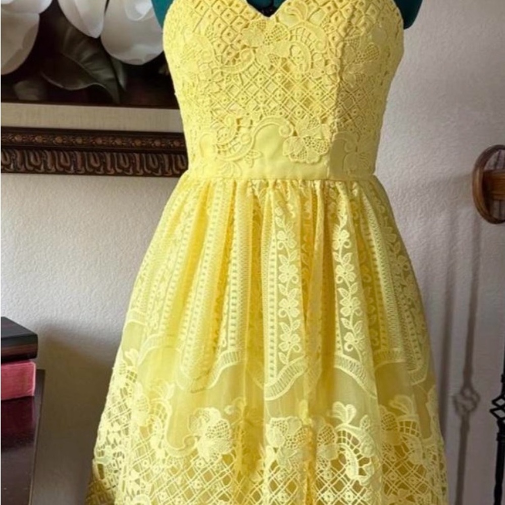 Chi Chi London Yellow Lace Fit-and-Flare Dress
